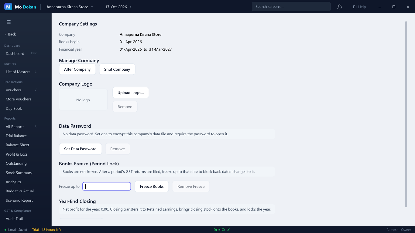 Company Settings: Manage Company, Company Logo, Data Password, Books Freeze and Year-End Closing
