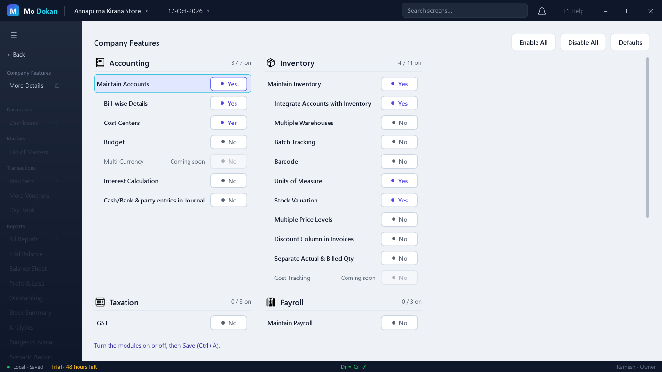 Company Features: Accounting, Inventory, Taxation and Payroll sections, each feature with a Yes or No switch