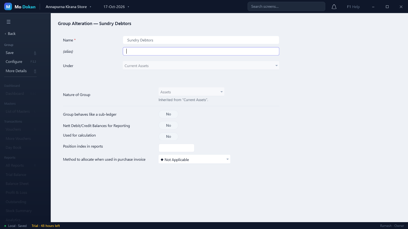 Group Alteration for Sundry Debtors: name, alias, Under Current Assets, nature Assets inherited, and the reporting options