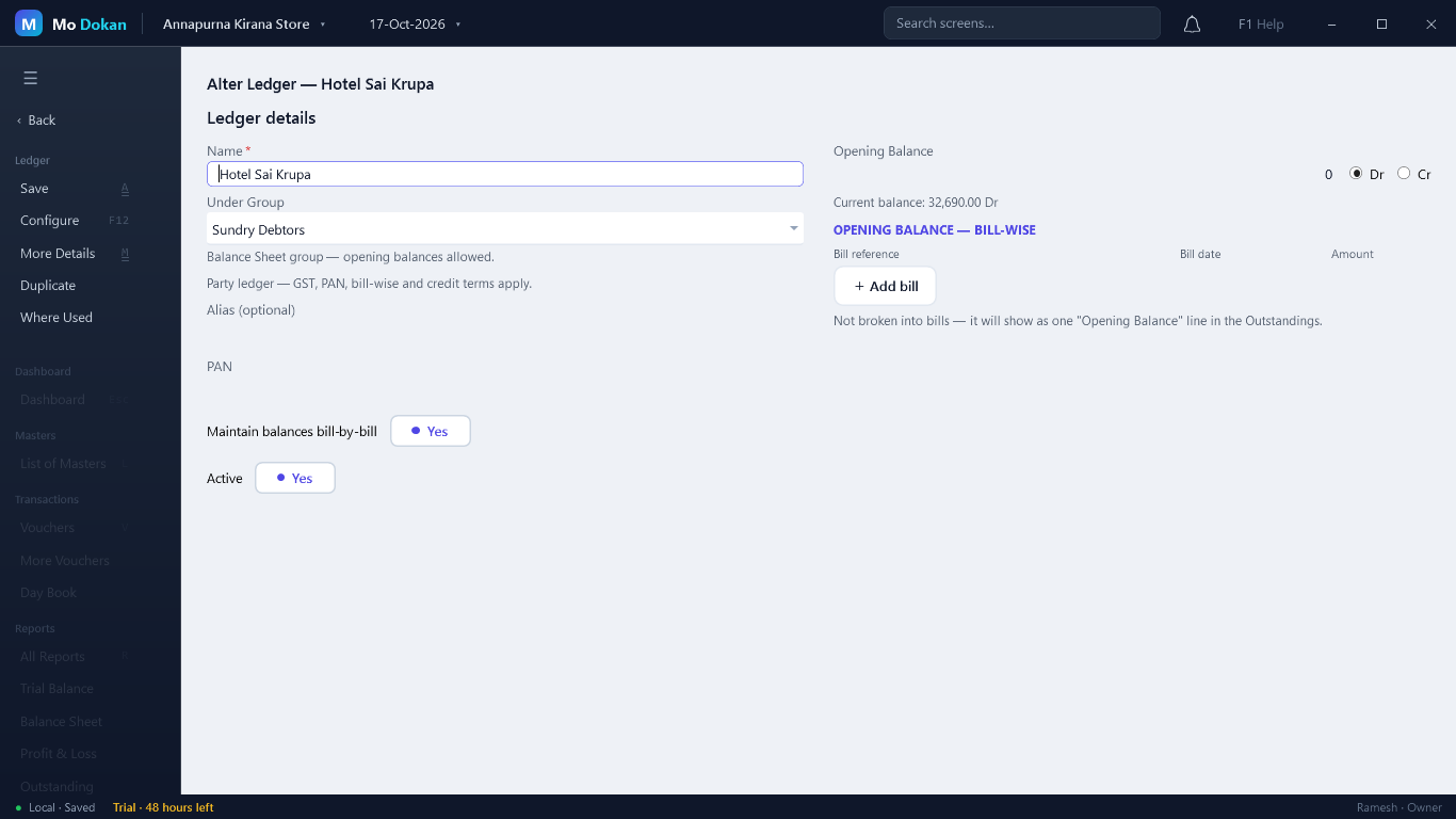 Alter Ledger for a customer: name, Under Group Sundry Debtors, notes that it is a party ledger, bill-by-bill, Active, opening balance with bill-wise opening bills