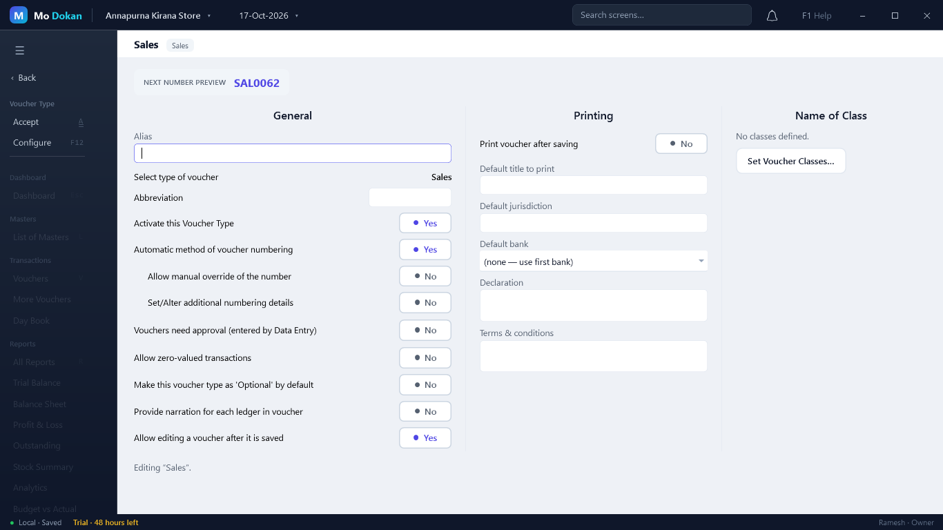 The Sales voucher type: next number preview SAL0062, numbering switches, approval, zero-valued, optional default, narration per ledger, allow editing, and printing defaults